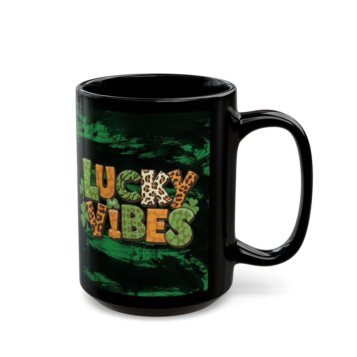 Lucky Vibes Black Mug — St. Patrick’s Day Leopard Print Shamrock Coffee Cup (11oz/15oz)