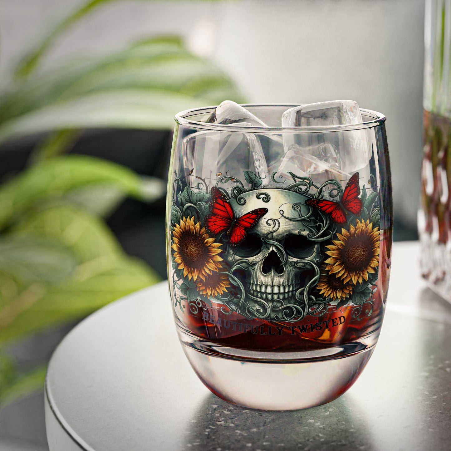 Skull & Sunflower Whiskey Glass 6oz — 'Beautifully Twisted' Glass