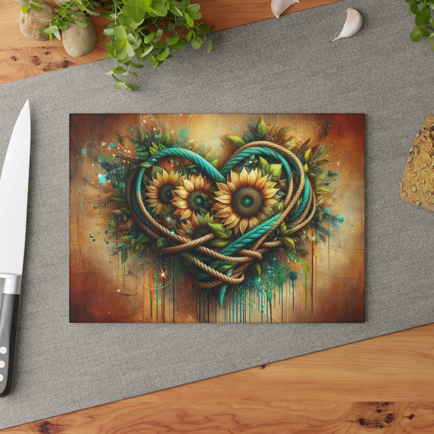Decorative Glass Cutting Board — Heart Rope Floral Art