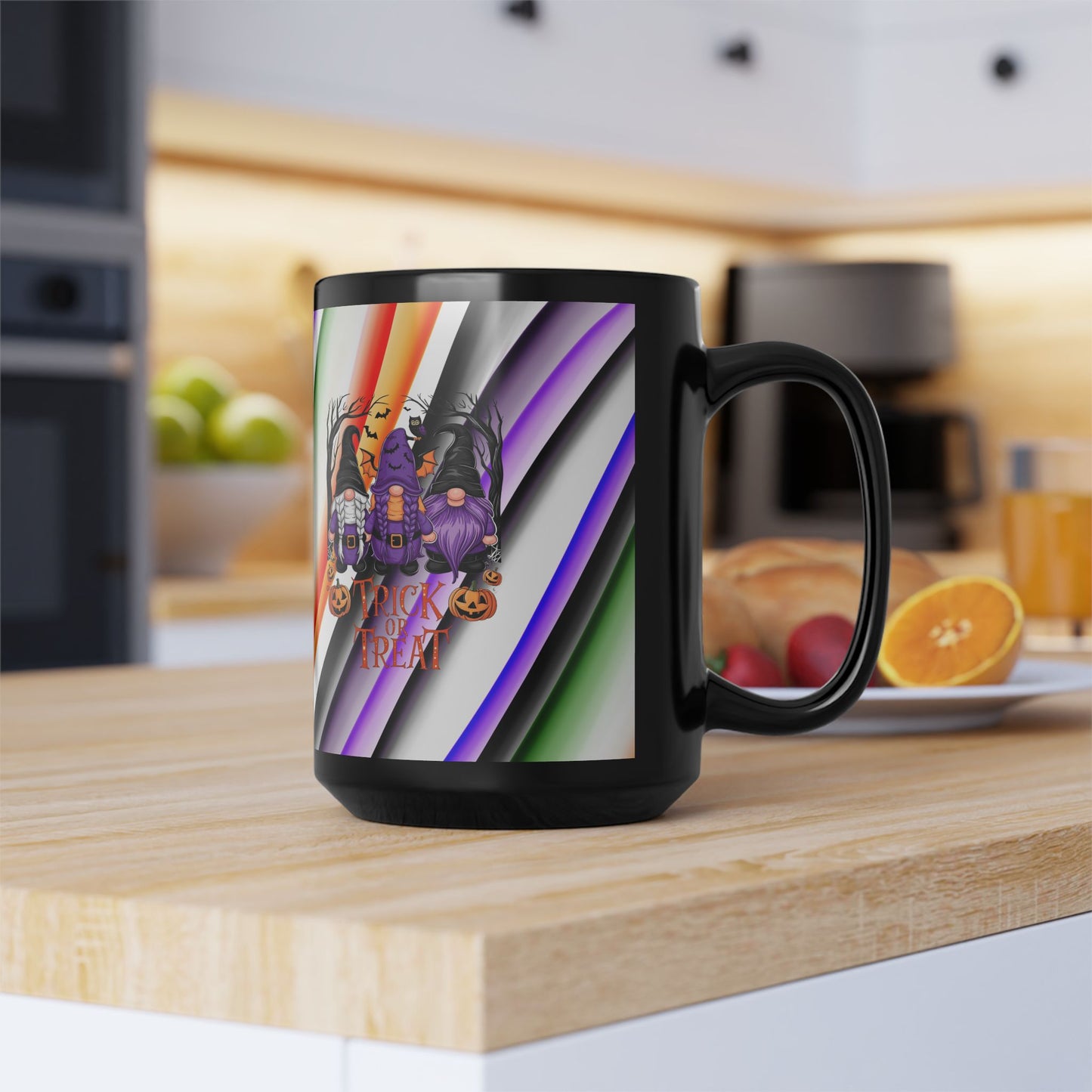Halloween Theme Black Mug (11oz, 15oz), Cute Halloween Expression with Gnomes, Halloween Lovers, Gnome Lovers, Coffee, Tea, Hot Chocolate Lovers Gift Idea