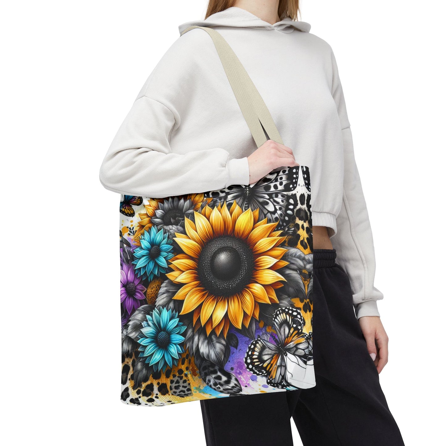Sunflower & Butterfly Tote Bag — Colorful Floral All-Over Print