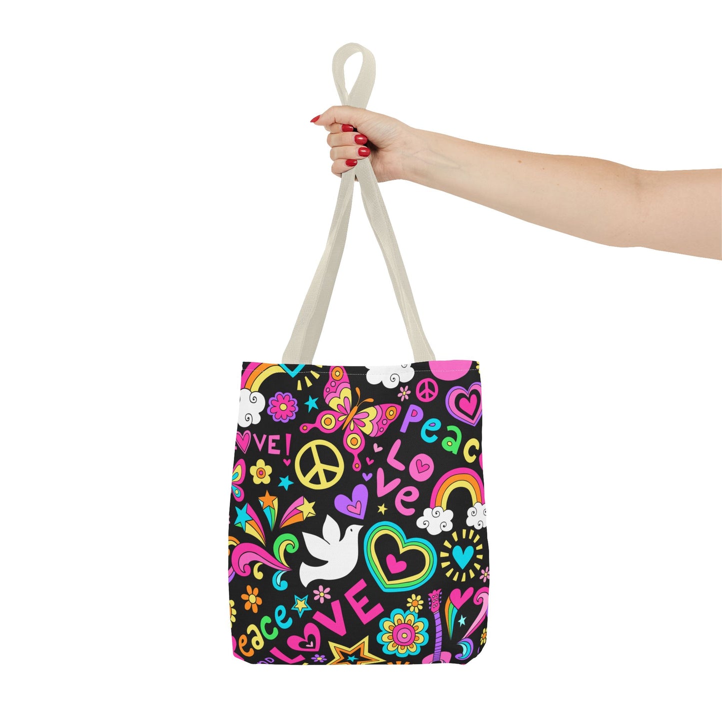 Fashionable Tote Bag (AOP), Stylish, Peace Lovers, Hippie Theme, Great Gift Idea for Birthdays, Holidays or Any Occasion for Anyone