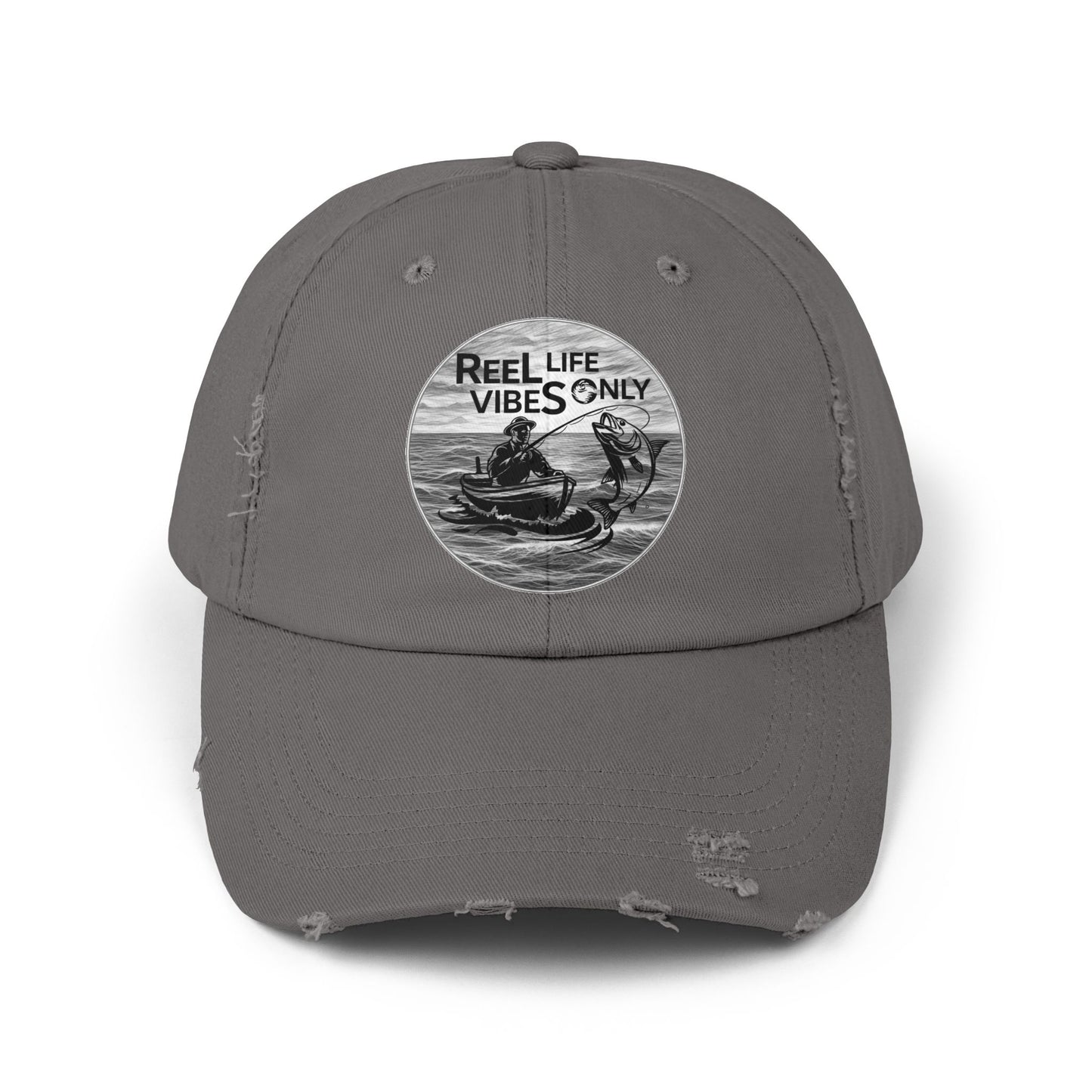 Unisex Distressed Fishing Cap - Reel Life Vibes Only, Summer Style, Outdoor Accessory, Gift for Him/Her, Fishing Enthusiast