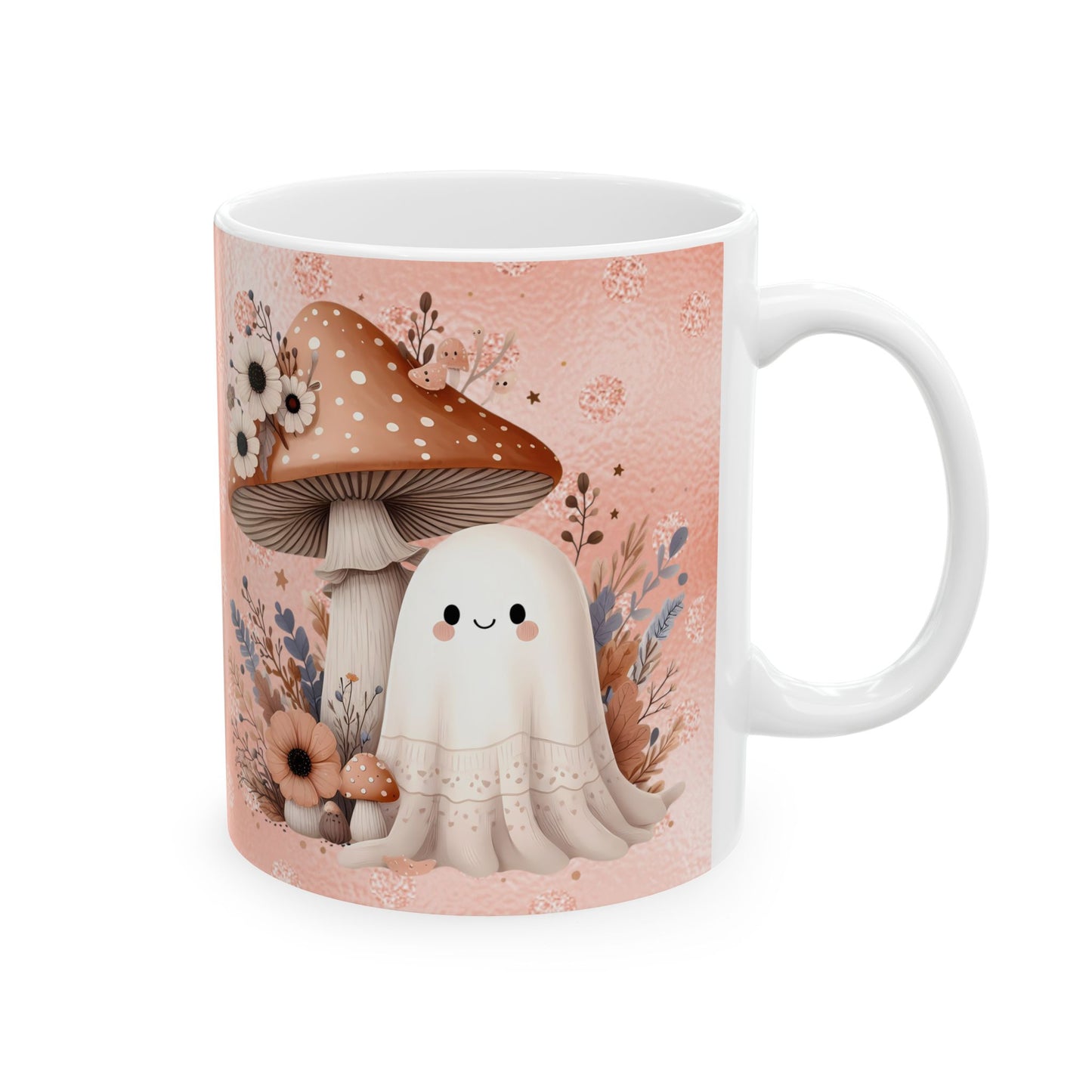 Whimsical Floral Mushroom Cute Ghost Mug, Cute Cafe Mug, Halloween Gift, Cozy Beverage Container, Fall Decor, Coffee Lover Gift