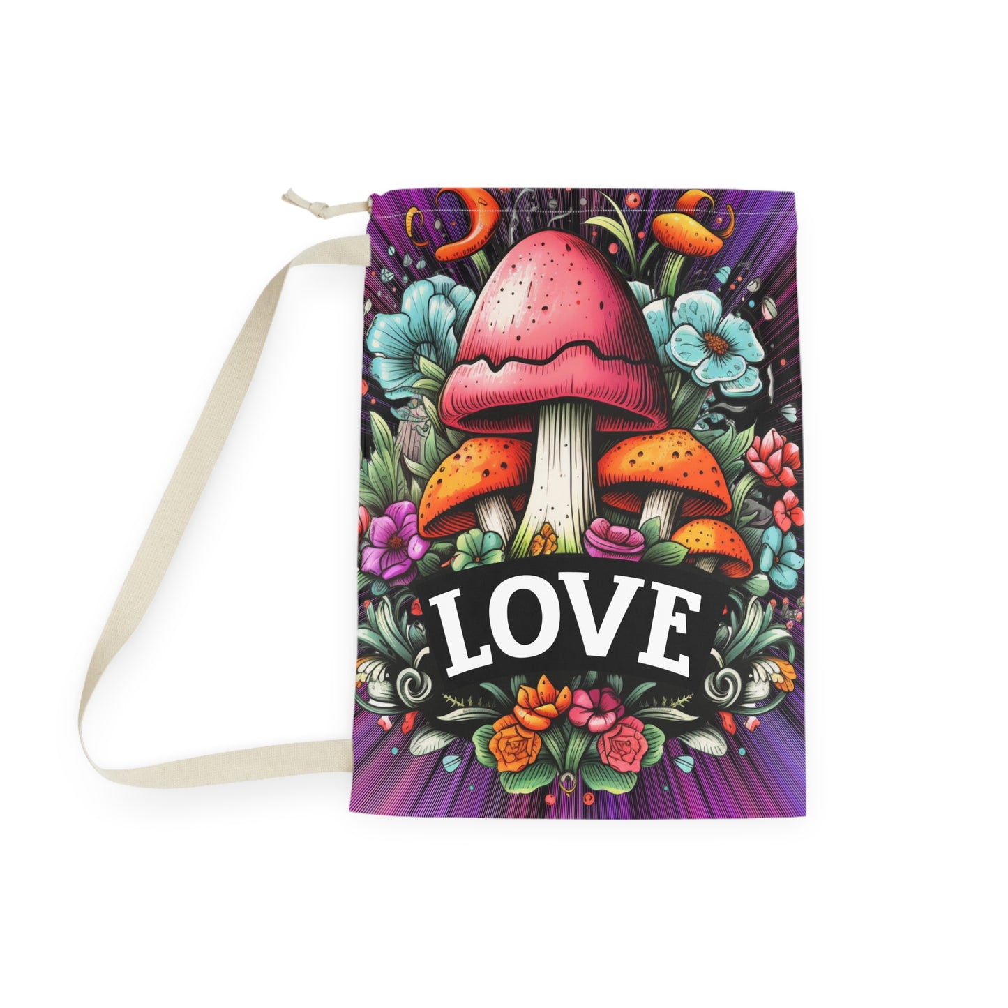 Mushroom 'LOVE' Laundry Bag - Floral Boho Wash Tote
