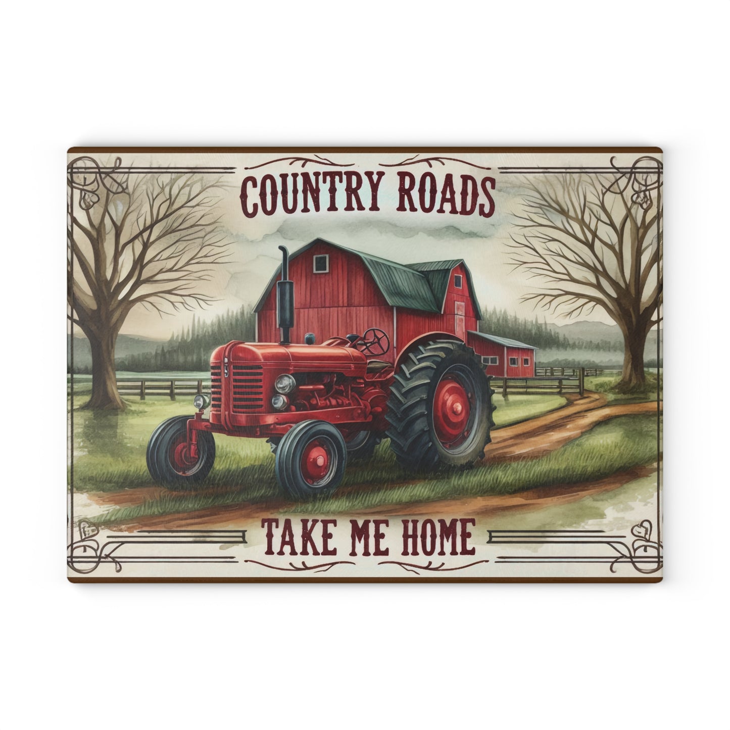Rustic Farmhouse Glass Cutting Board with "Country Roads Take Me Home" Design