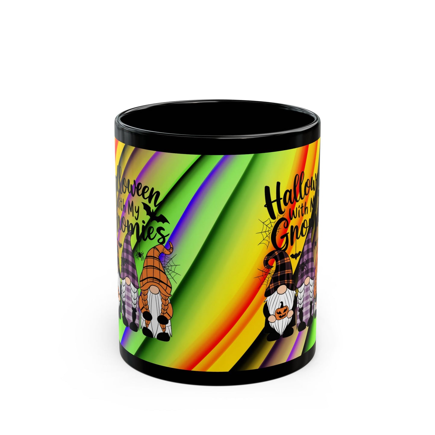 Halloween Theme Black Mug (11oz, 15oz), Cute Halloween Expression with Gnomes, Halloween Lovers, Gnome Lovers, Coffee, Tea, Hot Chocolate Lovers Gift Idea