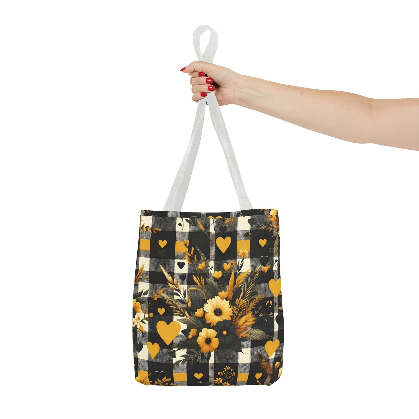 Stylish Yellow and Black Plaid Pattern with Floral and Hearts Tote Bag(AOP)