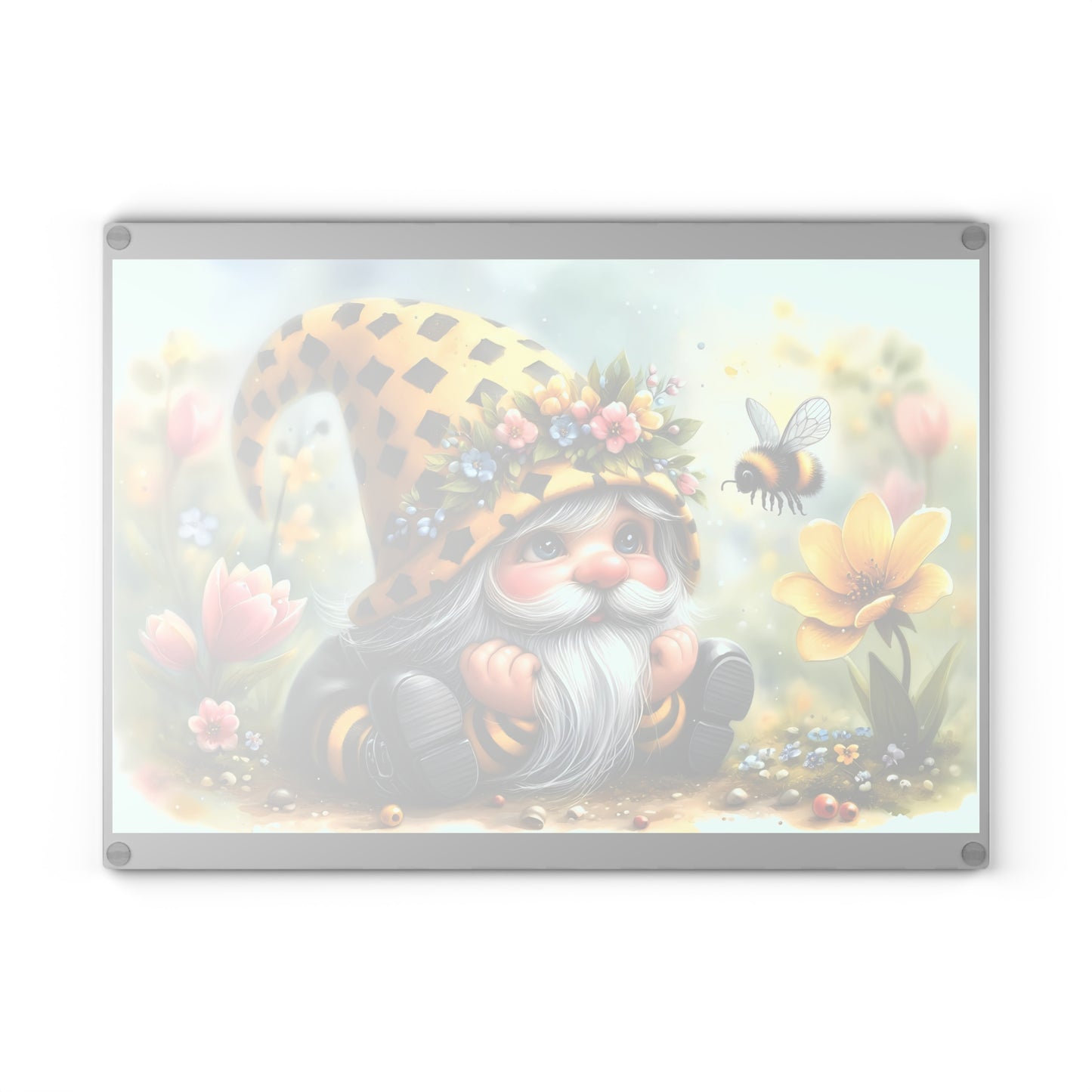 Glass Cutting Board — Cute Bee Gnome Floral Kitchen Cutting Board