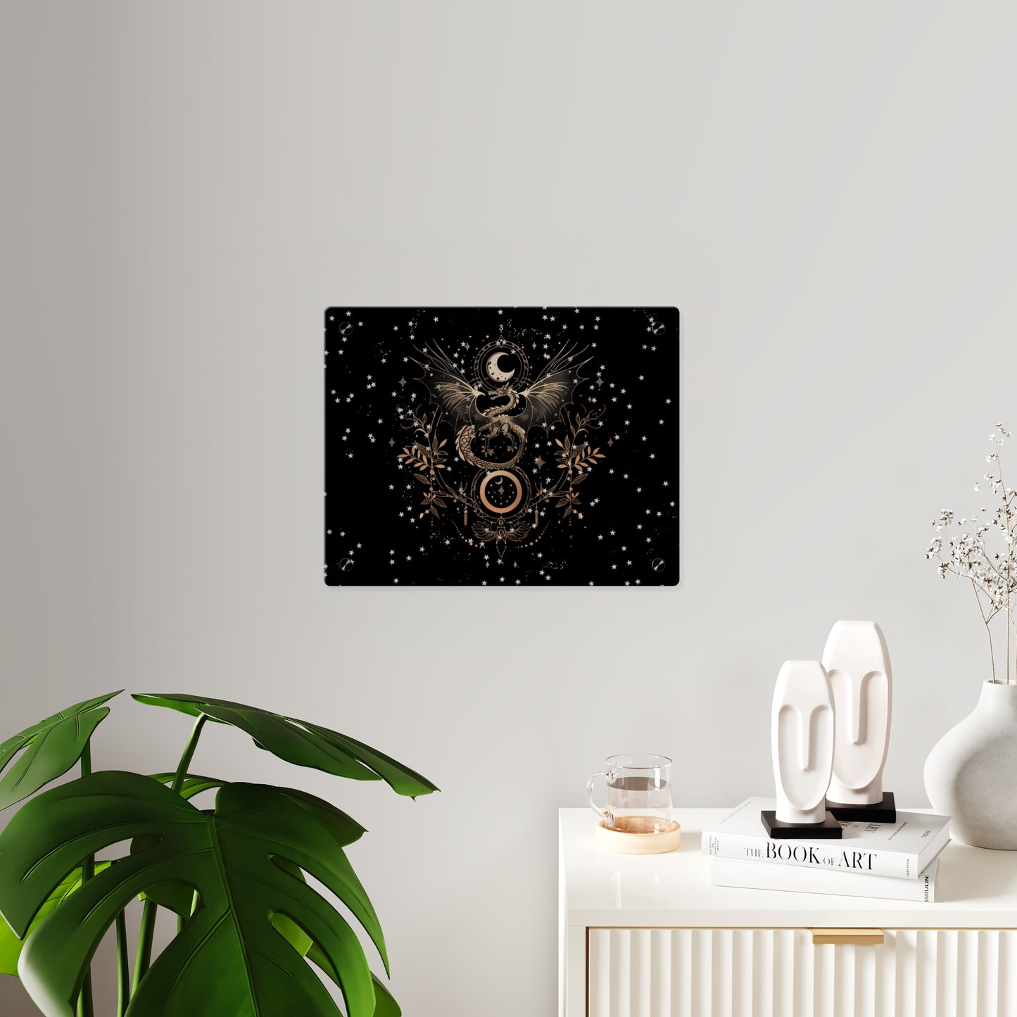 Celestial Acrylic Wall Art Panel - Mystical Dragon with Moon and Stars Decor