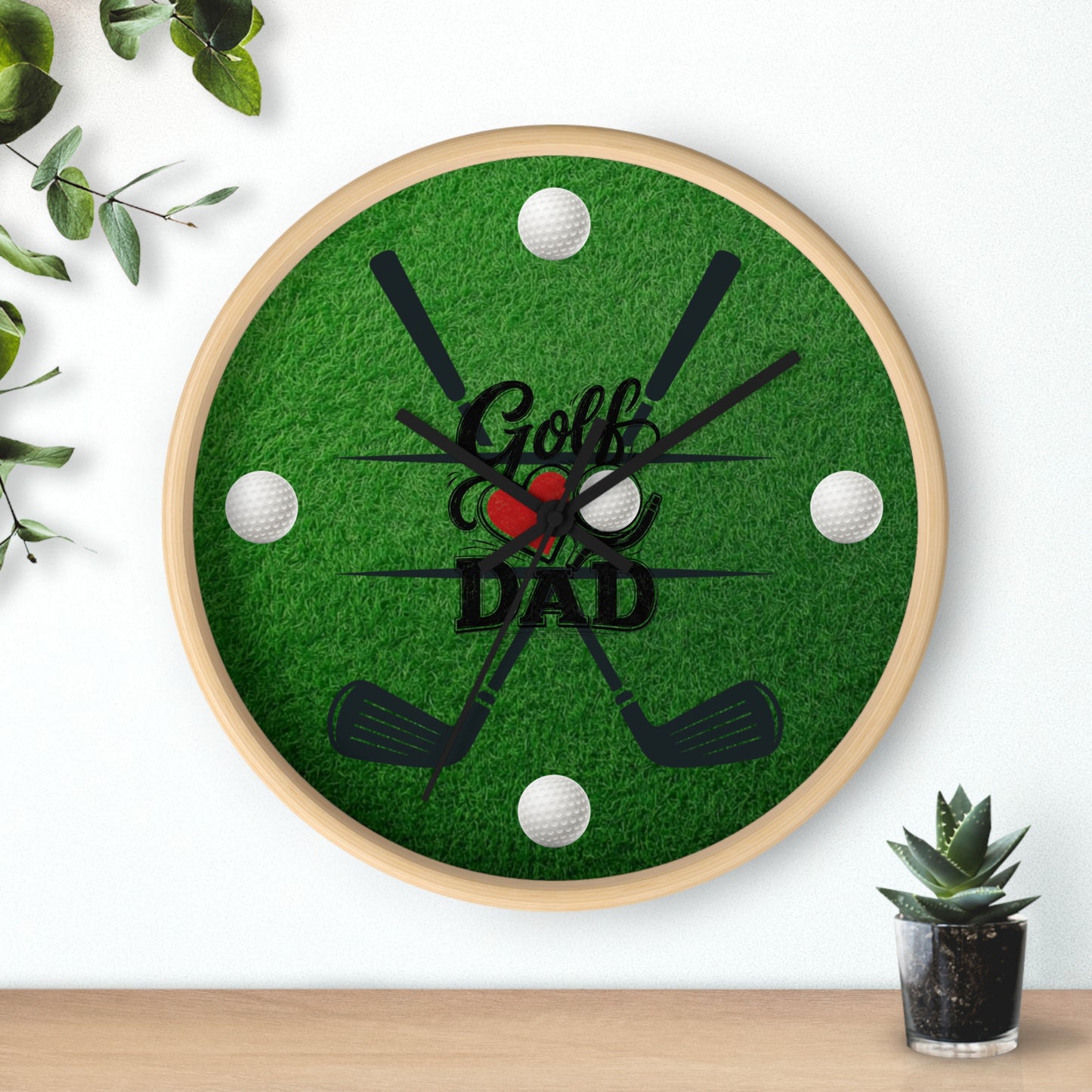 Golf Dad Wall Clock - Green Turf with Golf Ball & Clubs Father's Day Clock