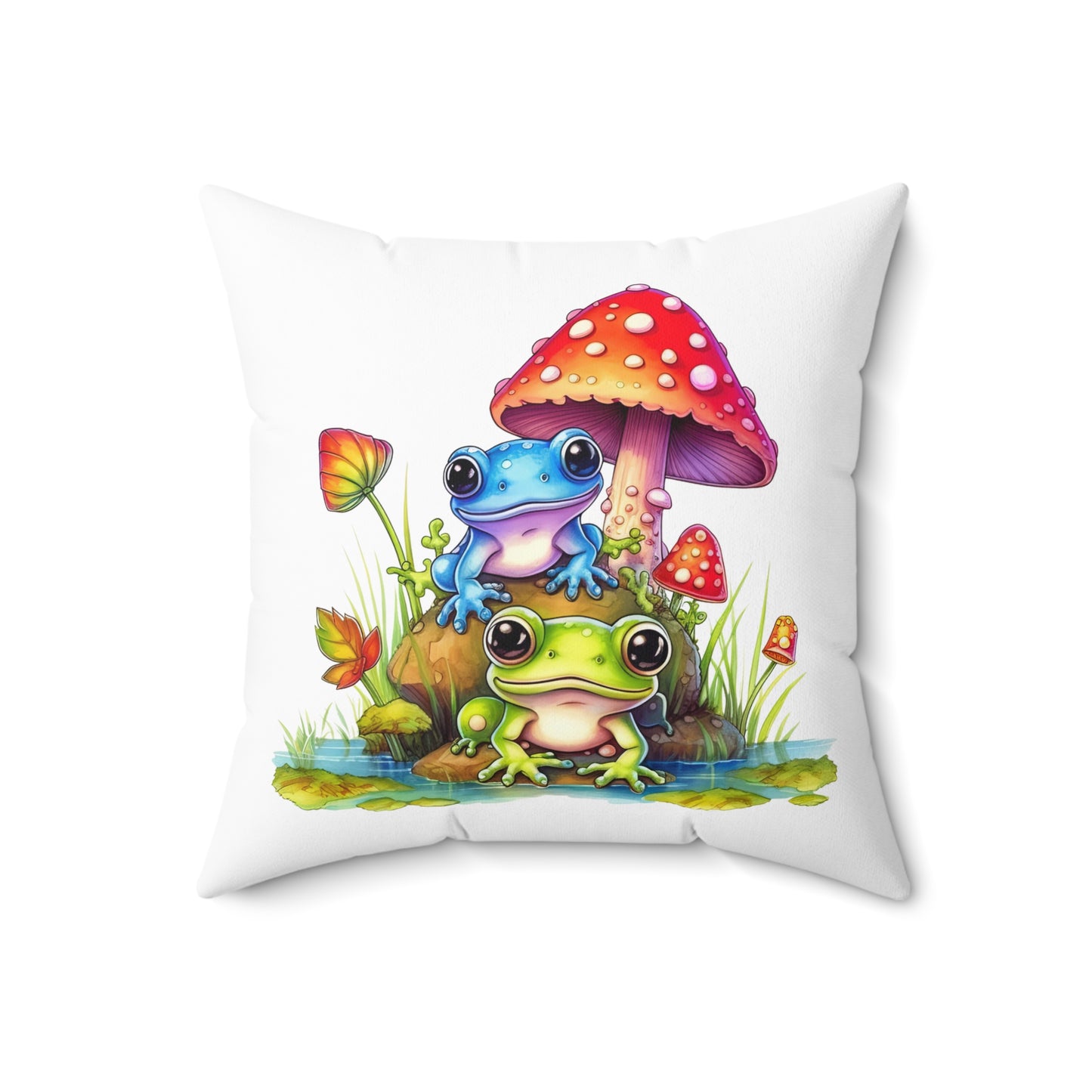 Decorative Spun Polyester Square Pillow, Stylish Mushroom with Frogs Decor for Home or Office, Gift Idea for Any Occasion for Anyone