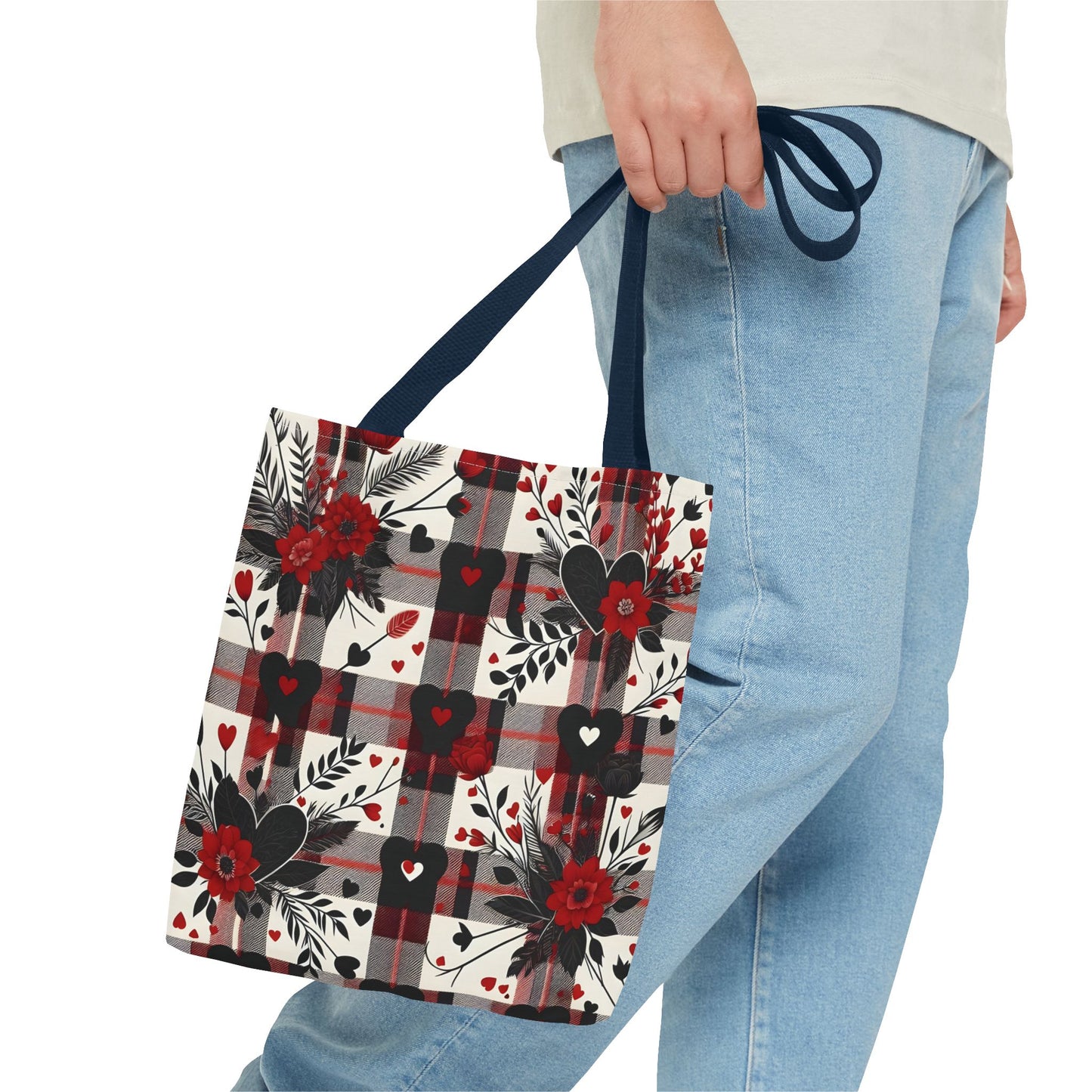 Fashionable Valentine Tote Bag (AOP) with Flowers and Hearts Plaid Design Pattern