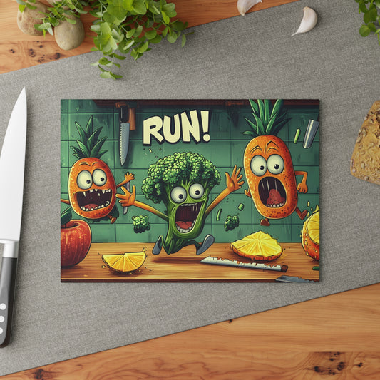 Fun Cartoon Glass Cutting Board - 'Run!' Veggie Design