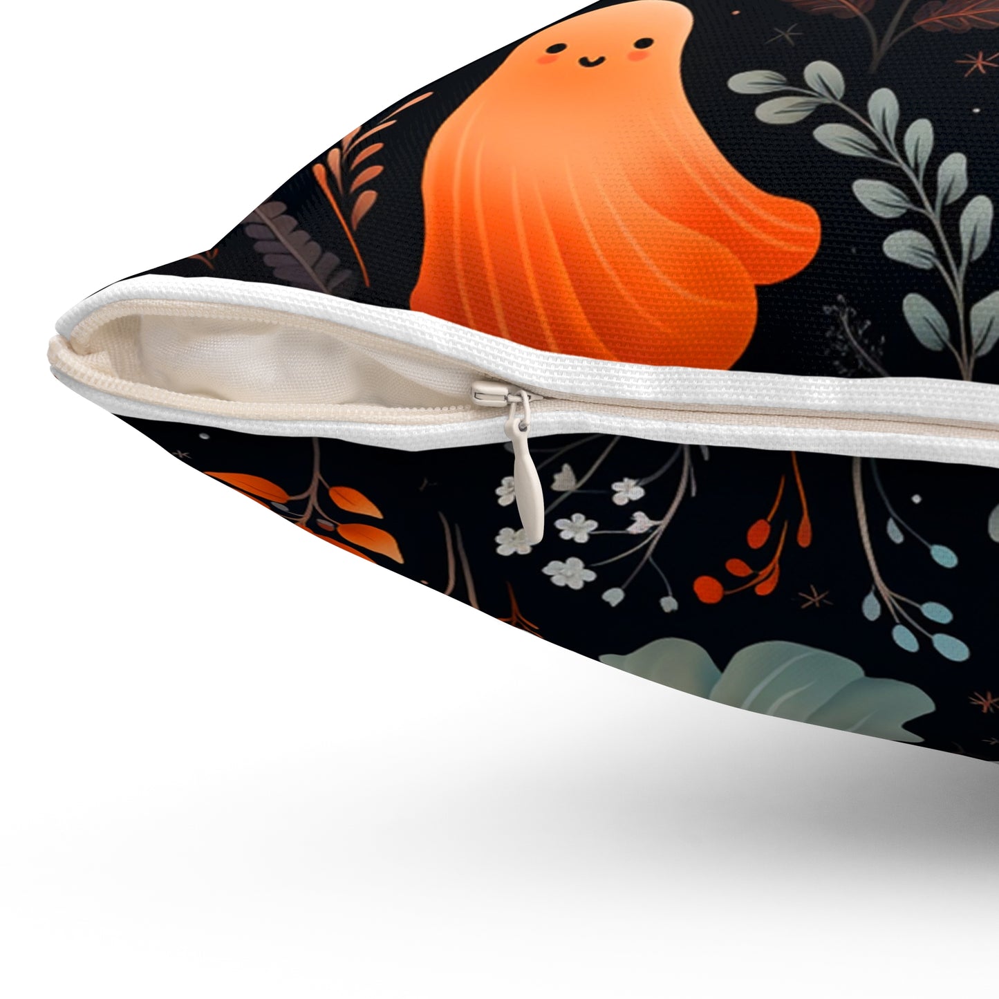 Friendly Ghosts And Floral Spun Polyester Square Pillow, Accent for Any Room, Beautiful Fun Festive Halloween Decor, Great Housewarming Gift Idea