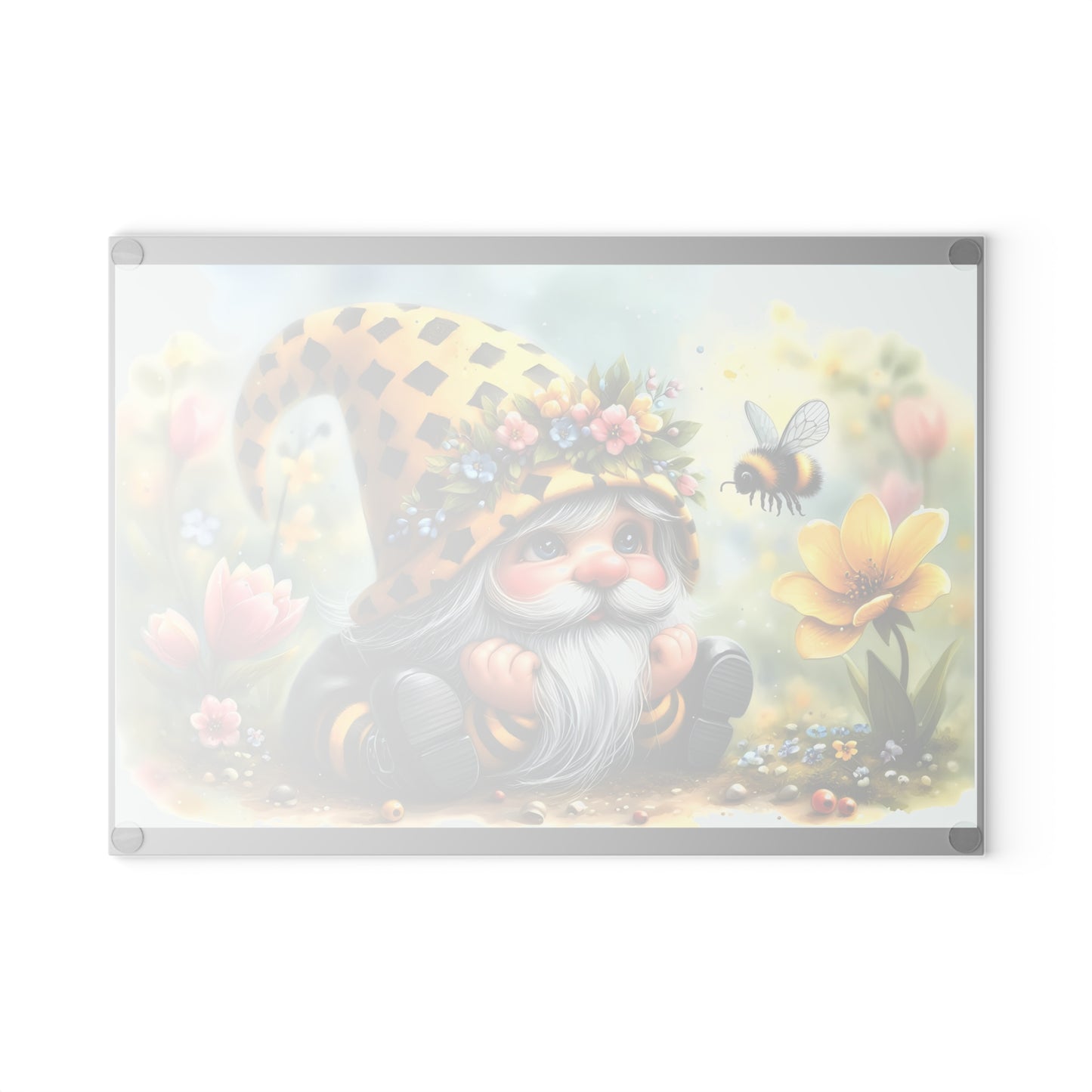 Glass Cutting Board — Cute Bee Gnome Floral Kitchen Cutting Board