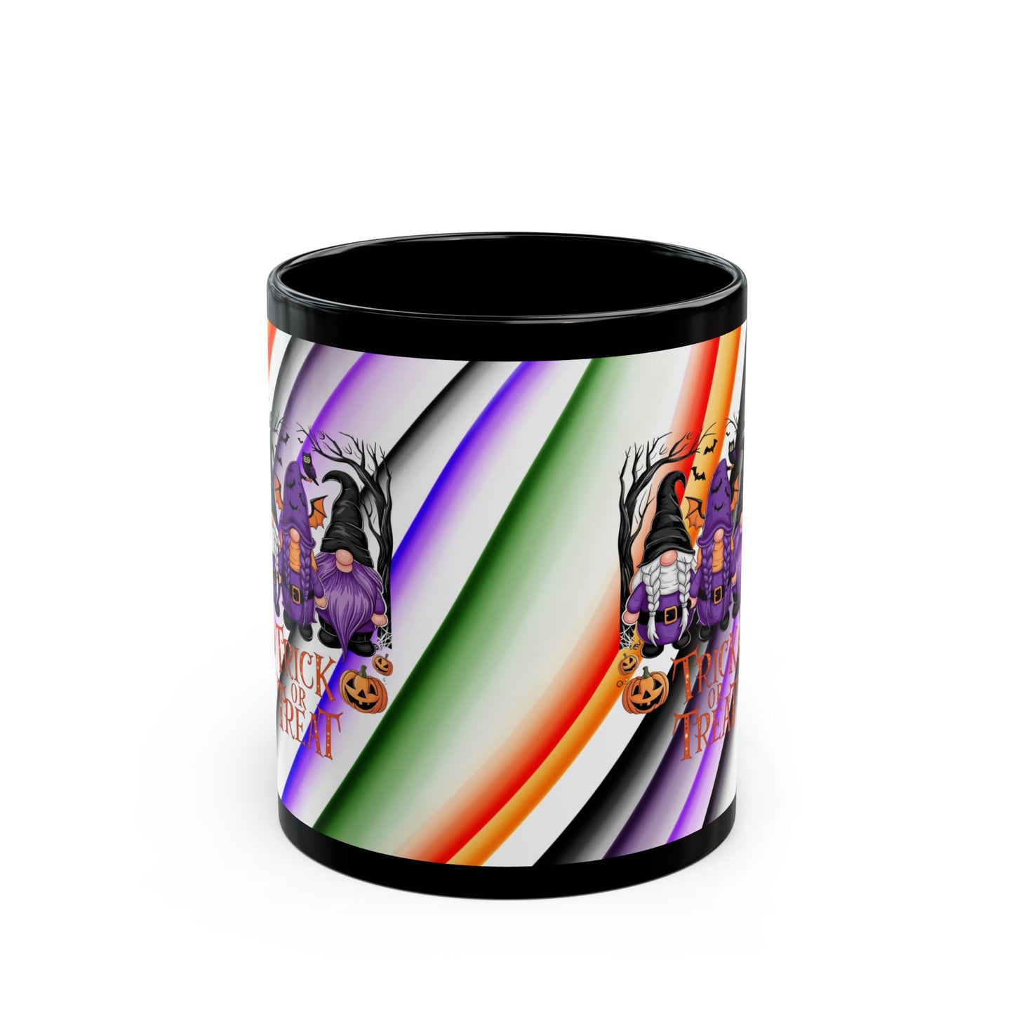 Halloween Theme Black Mug (11oz, 15oz), Cute Halloween Expression with Gnomes, Halloween Lovers, Gnome Lovers, Coffee, Tea, Hot Chocolate Lovers Gift Idea