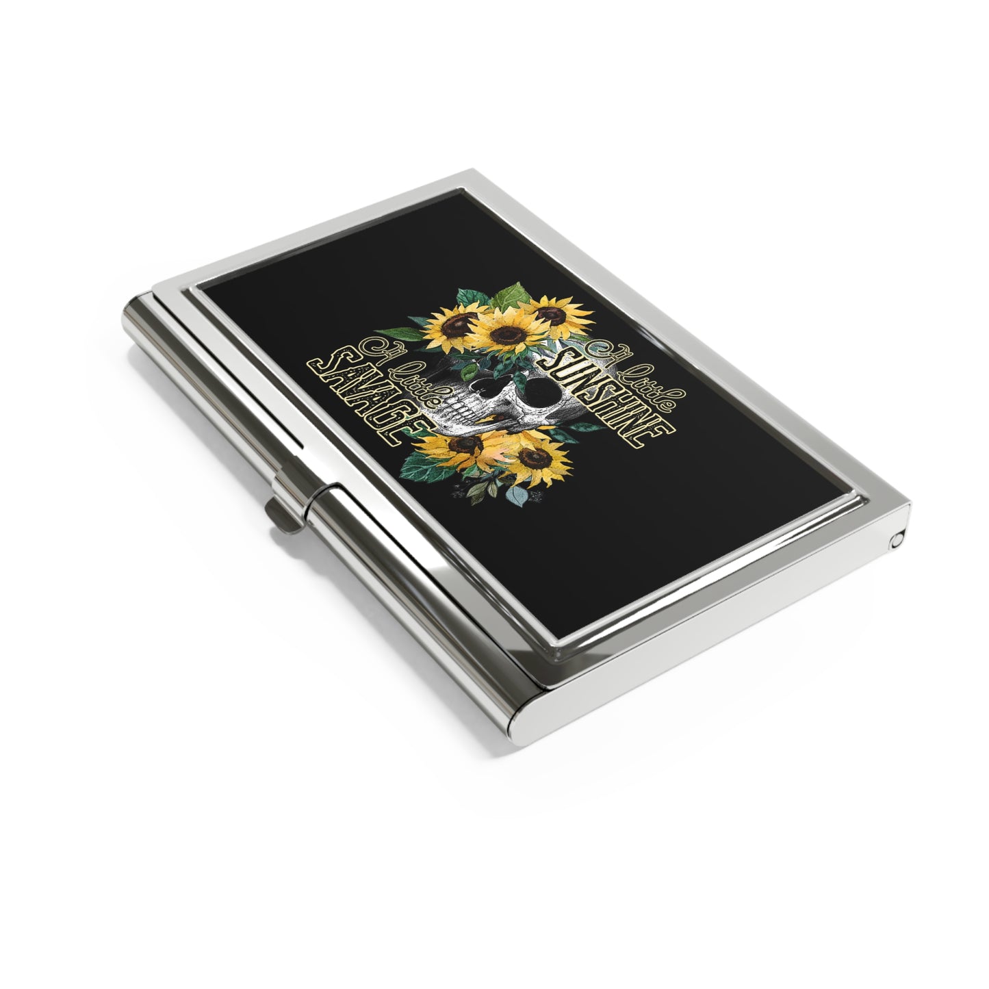 Business Card Holder — "A Little Sunshine, A Little Savage" Floral Skull Metal Case