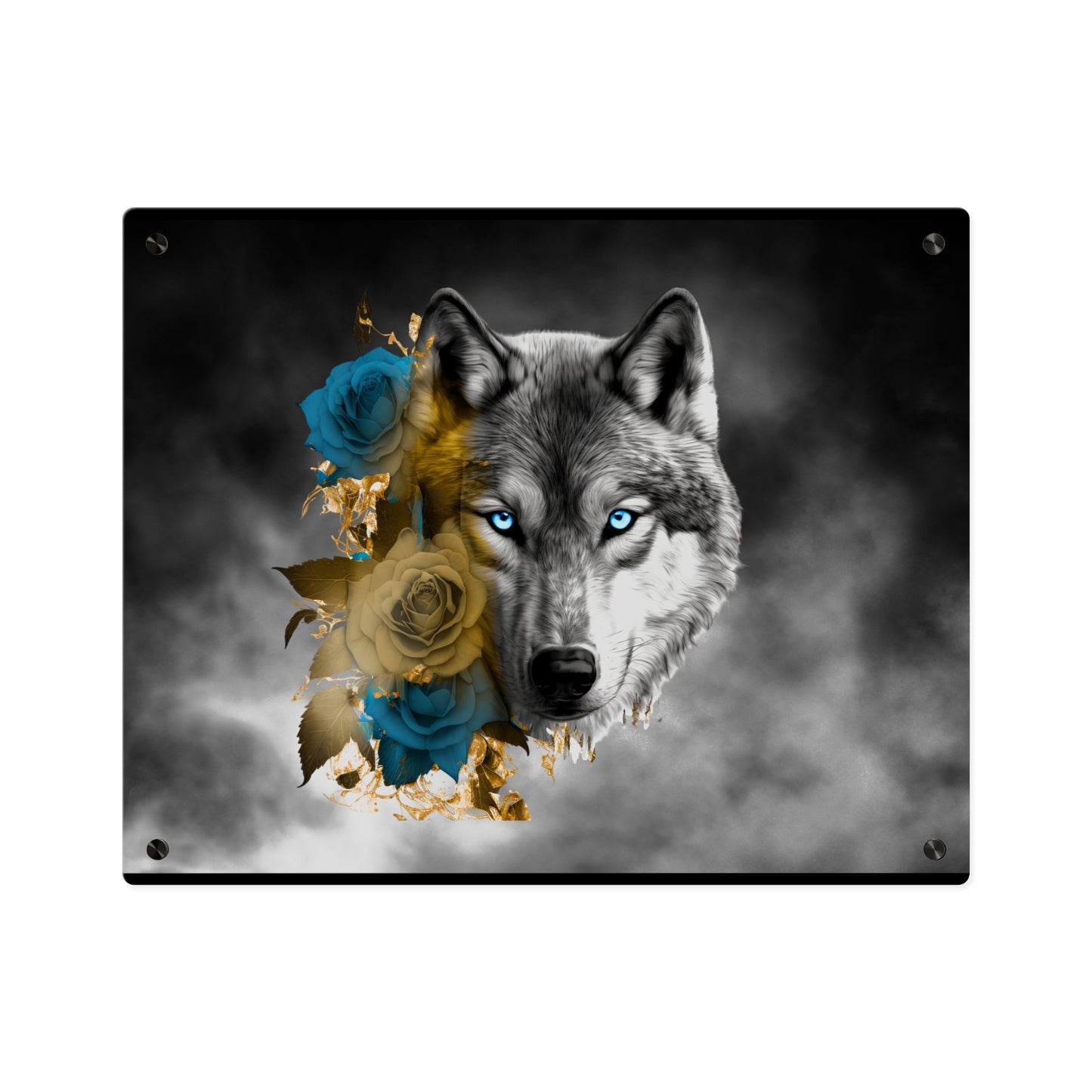 Lively Wolf Acrylic Wall Art Panel - Blue Roses Decor