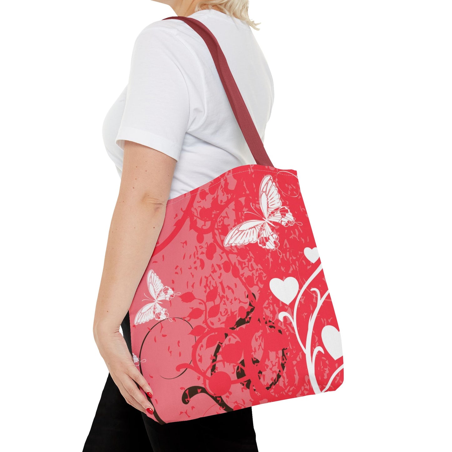 Pink Butterfly Heart Floral Abstract Fashionable Tote Bag (AOP), Stylish, Gift Idea for Birthdays, Holidays, Any Occasion for Anyone