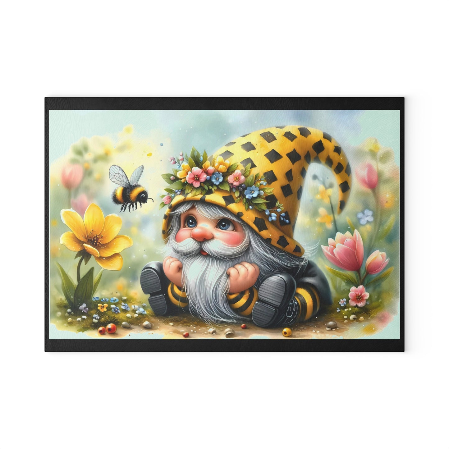 Glass Cutting Board — Cute Bee Gnome Floral Kitchen Cutting Board