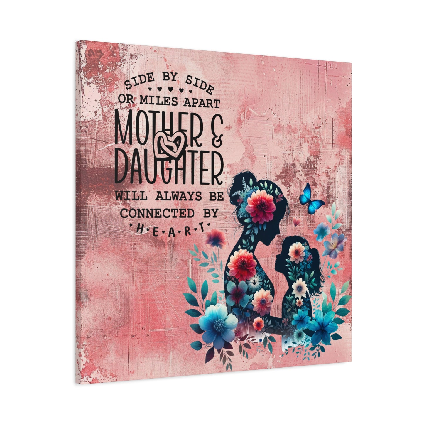 Mother-Daughter Love With Floral And Butterfly Canvas Wall Art Print