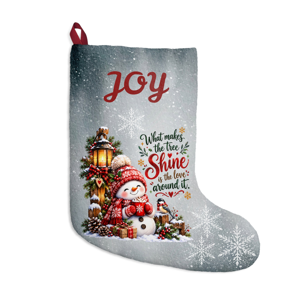 Joy Christmas Stocking with Snowman and Inspirational Quote