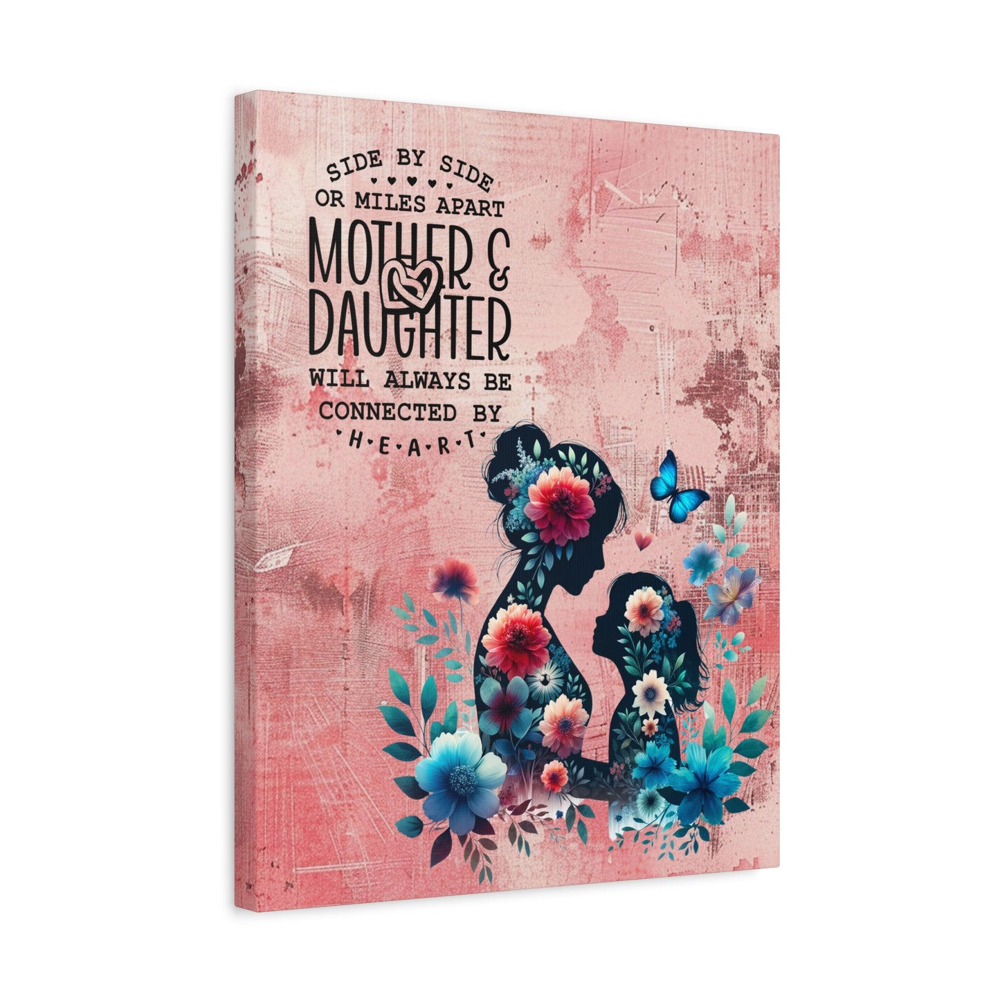 Mother-Daughter Love With Floral And Butterfly Canvas Wall Art Print