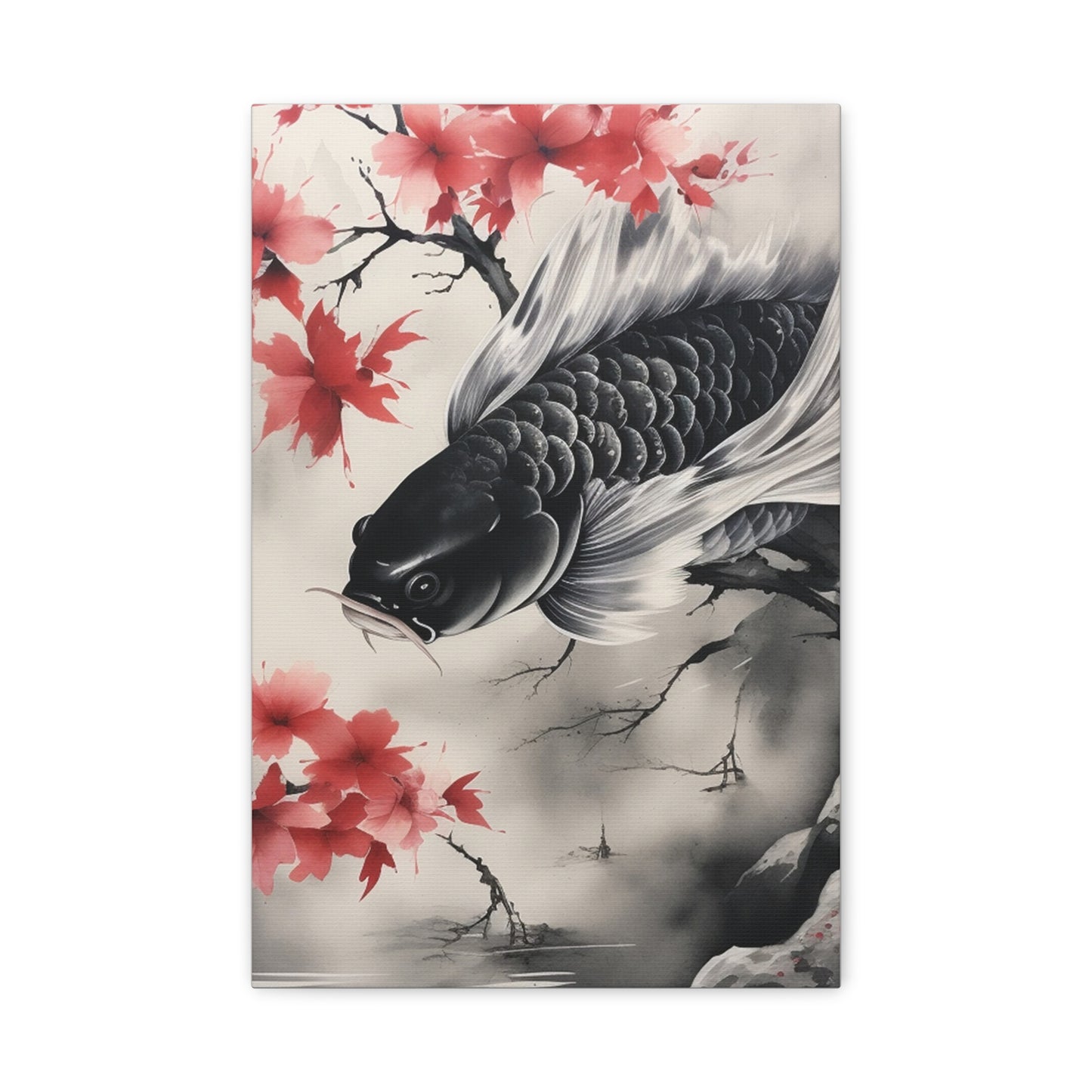 Koi Fish Artwork Canvas Wall Art Print - Elegant Decorative Wall Art with Cherry Blossoms