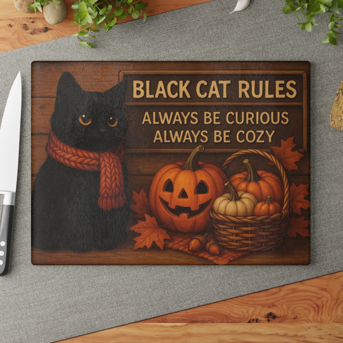Black Cat Rules Glass Cutting Board - Always Be Curious, Always Be Cozy