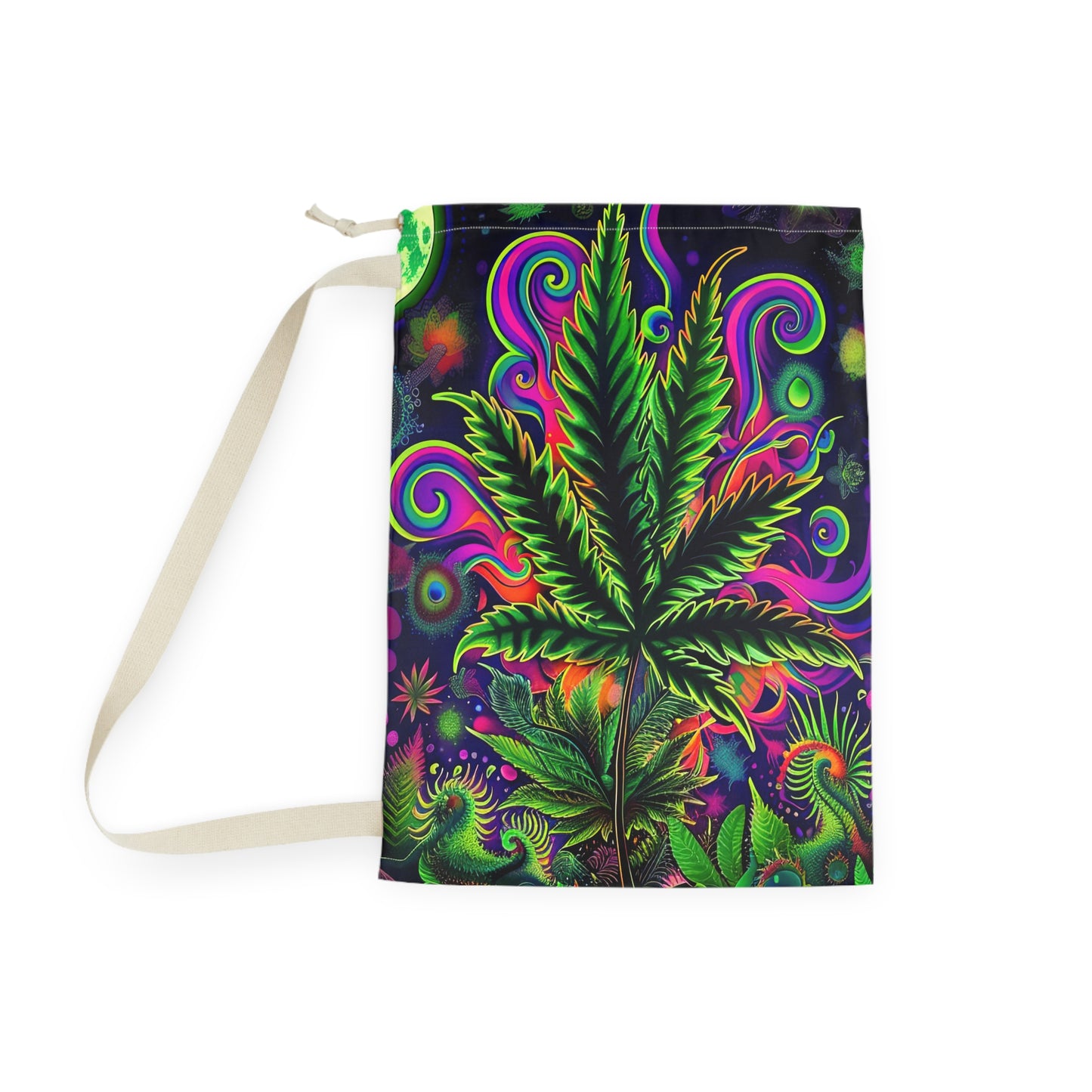 Kaleidoscopic Botanical Leaf Laundry Bag – Neon Trippy Drawstring Hamper