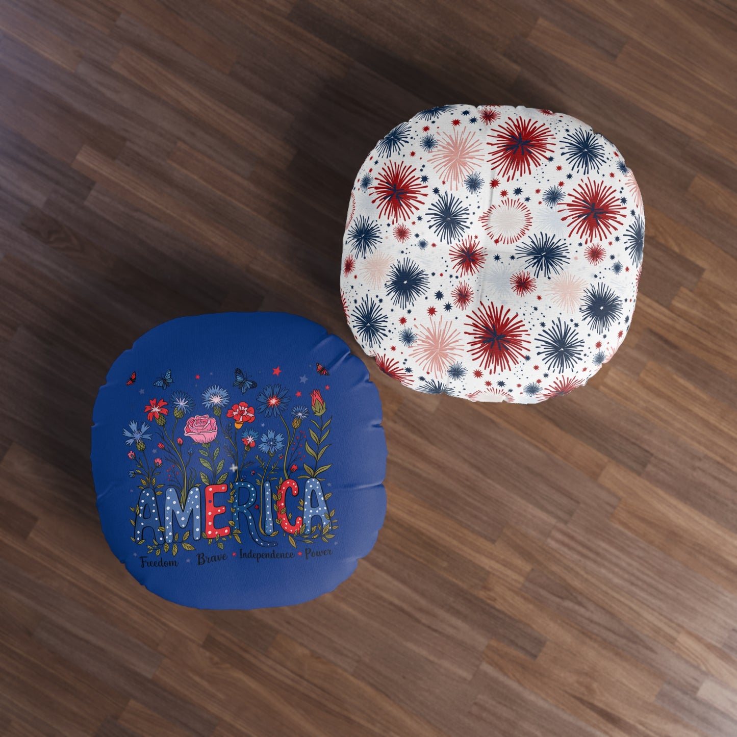 Patriotic Tufted Floor Pillow, Round, Cozy Home Décor, Indoor Cushion, Fireworks Design, Perfect for Holidays and Celebrations