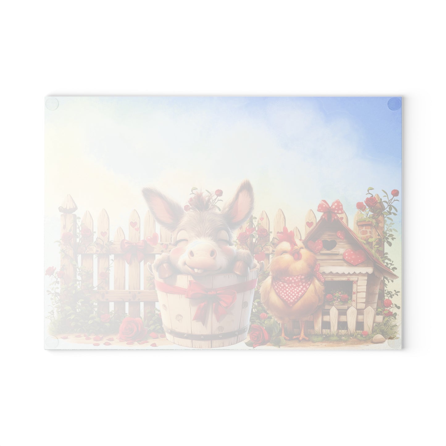 Glass Cutting Board - Cute Farm Donkey & Chicken Kitchen Decor, Heart Garland Rustic Countryside