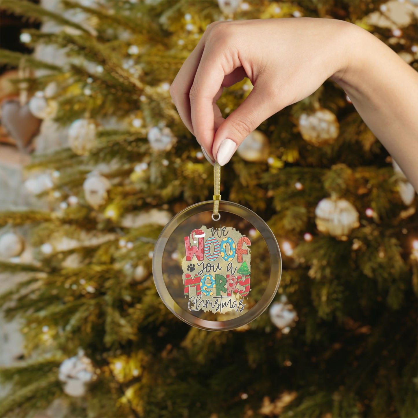 Pet Theme Holiday Glass Ornaments - We Woof You A Merry Christmas Animal Lovers Gift