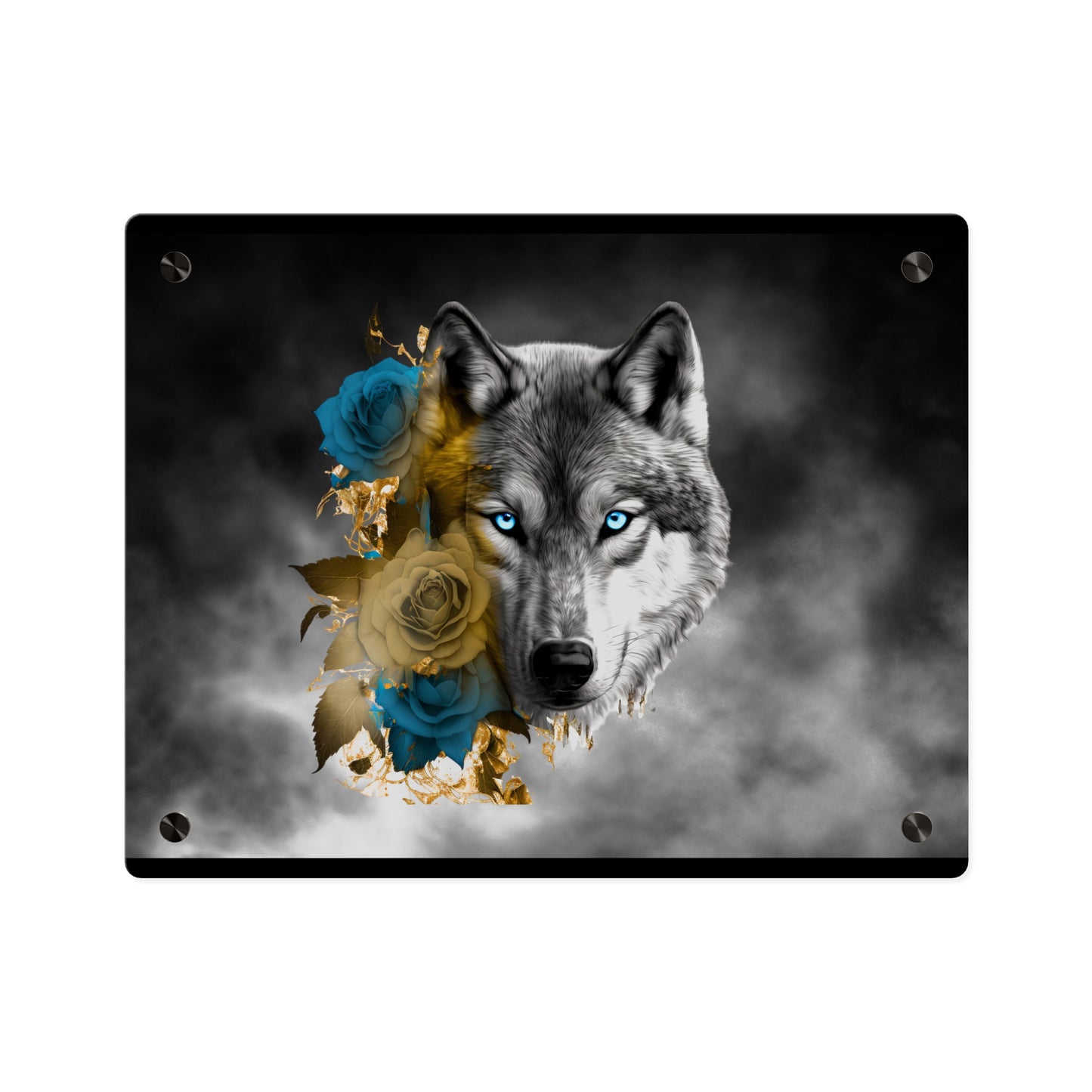 Lively Wolf Acrylic Wall Art Panel - Blue Roses Decor