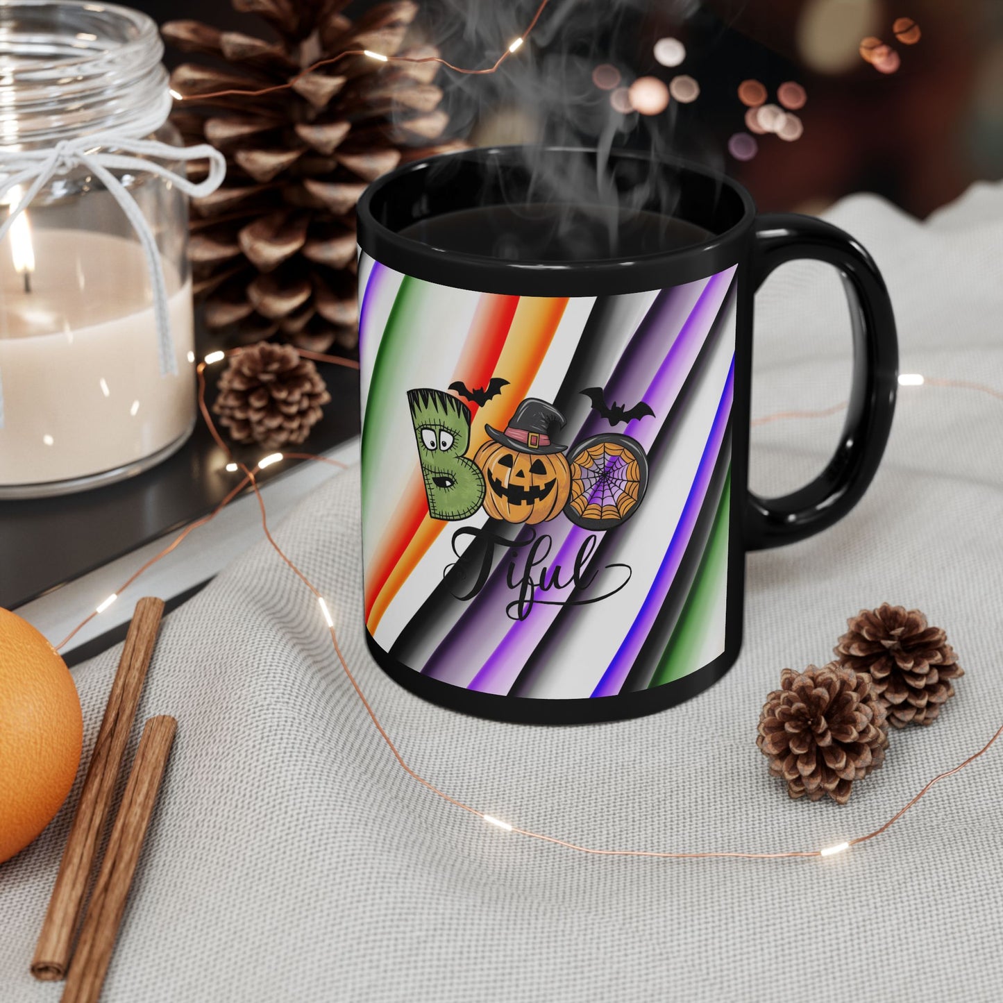 Halloween Theme Black Mug (11oz, 15oz), Cute Halloween Expression, Halloween Lovers, Coffee, Tea, Hot Chocolate Lovers, Great Gift Idea for Anyone