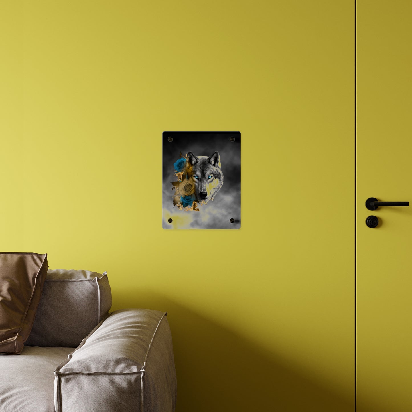 Lively Wolf Acrylic Wall Art Panel - Blue Roses Decor