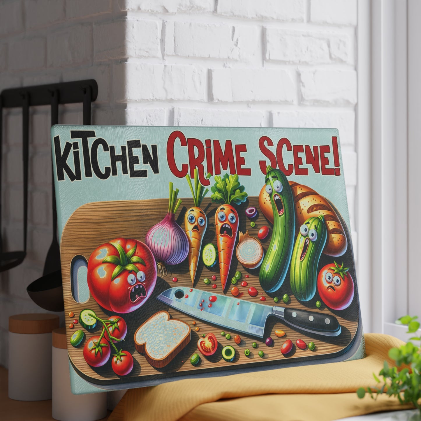 Whimsical Kitchen Crime Scene Glass Cutting Board - Fun Cooking Gift for Chefs & Foodies