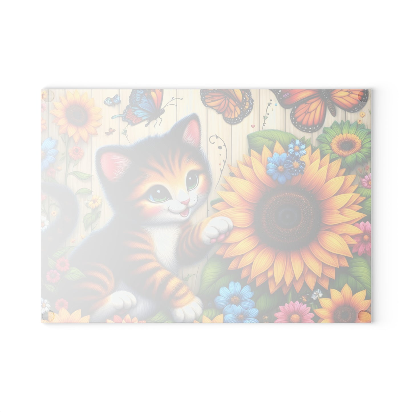 Colorful Cat & Sunflower Glass Cutting Board
