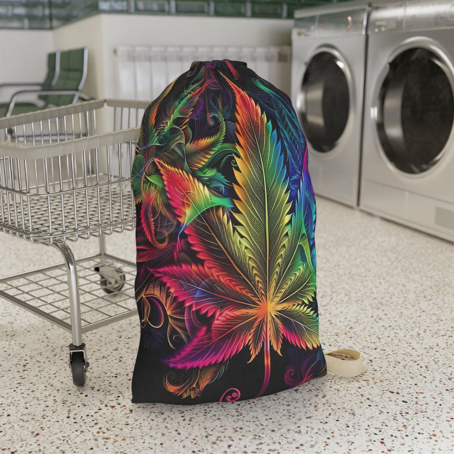 Botanical Rainbow Leaf Laundry Bag — Vibrant Drawstring Clothes Pouch