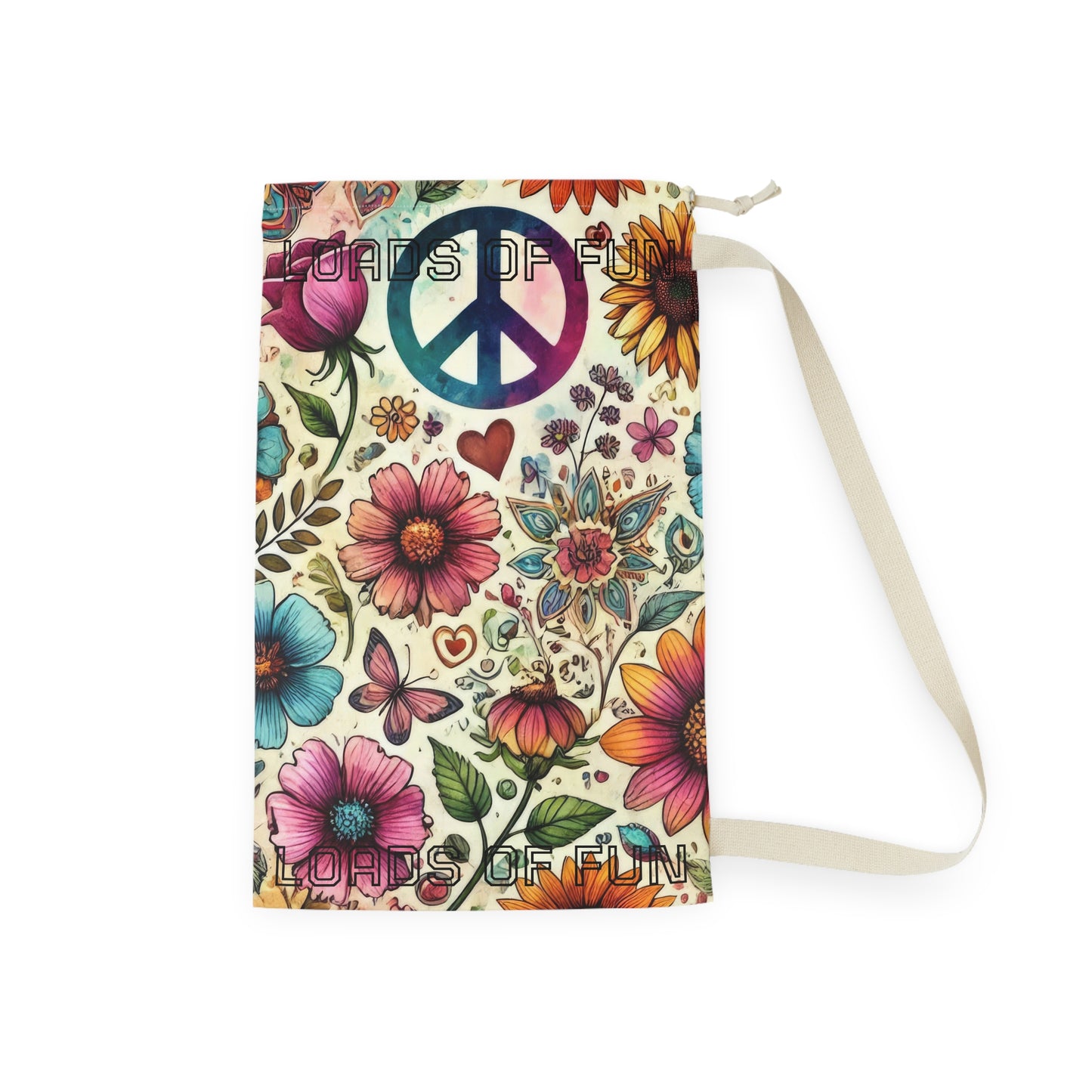 Peace & Flowers Laundry Bag — Boho Floral Drawstring Bag for Travel & Dorm - "Loads of Fun" saying