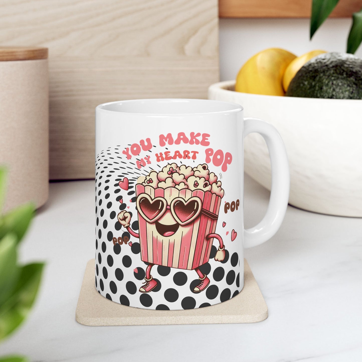 Valentine's Day Ceramic Mug – 'You Make My Heart Pop' Polka Dot Love Coffee Cup (11oz/15oz)