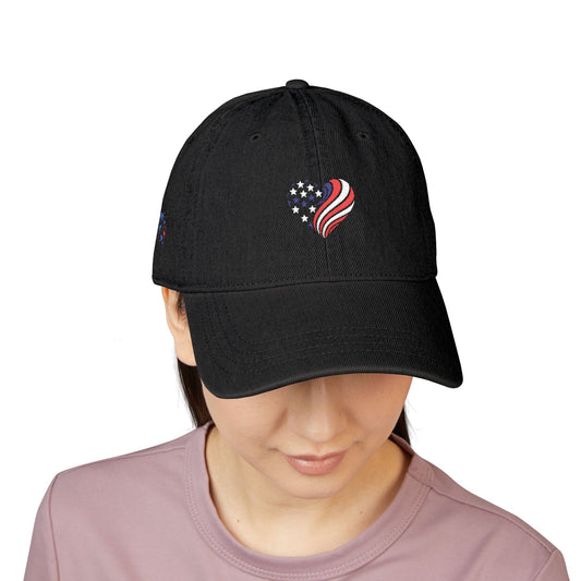 Patriotic Embroidered Denim Hat - USA Heart & Butterfly Design