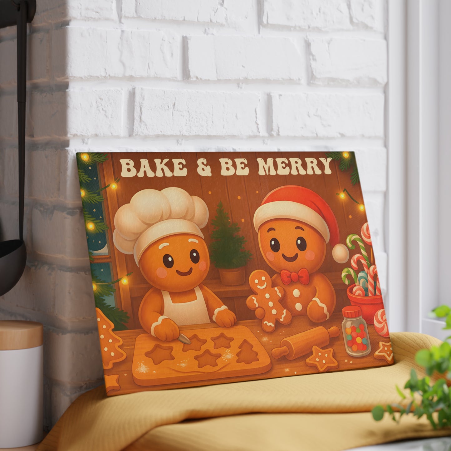 Festive Gingerbread Glass Cutting Board - "Bake & Be Merry"