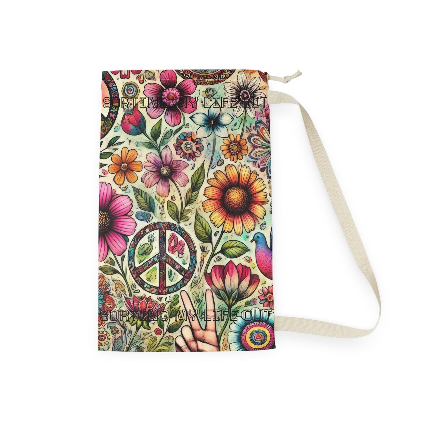 Floral Peace Laundry Bag — Boho Hippie Drawstring Hamper - "Sorting My Life Out" saying