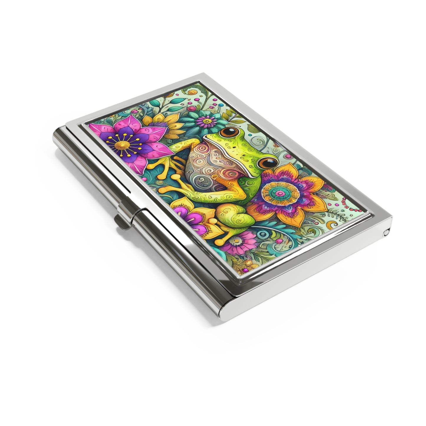 Frog & Floral Business Card Holder — Colorful Whimsical Desk Accessory