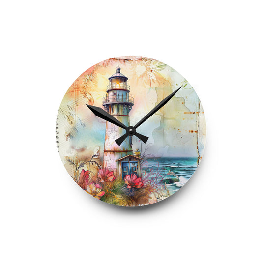 Watercolor Lighthouse Acrylic Wall Clock - Coastal Home Office Decor