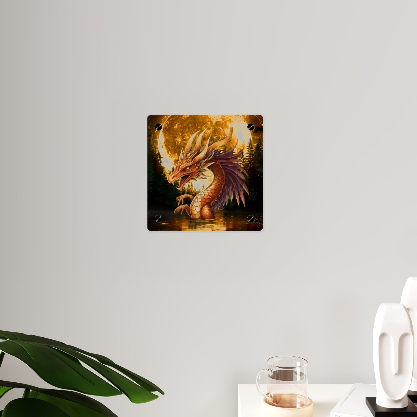 Gothic Theme Acrylic Wall Art Panel, Purple Dragon with Moon Background, Dragon Lovers, For Anyone, Accent for Any Room