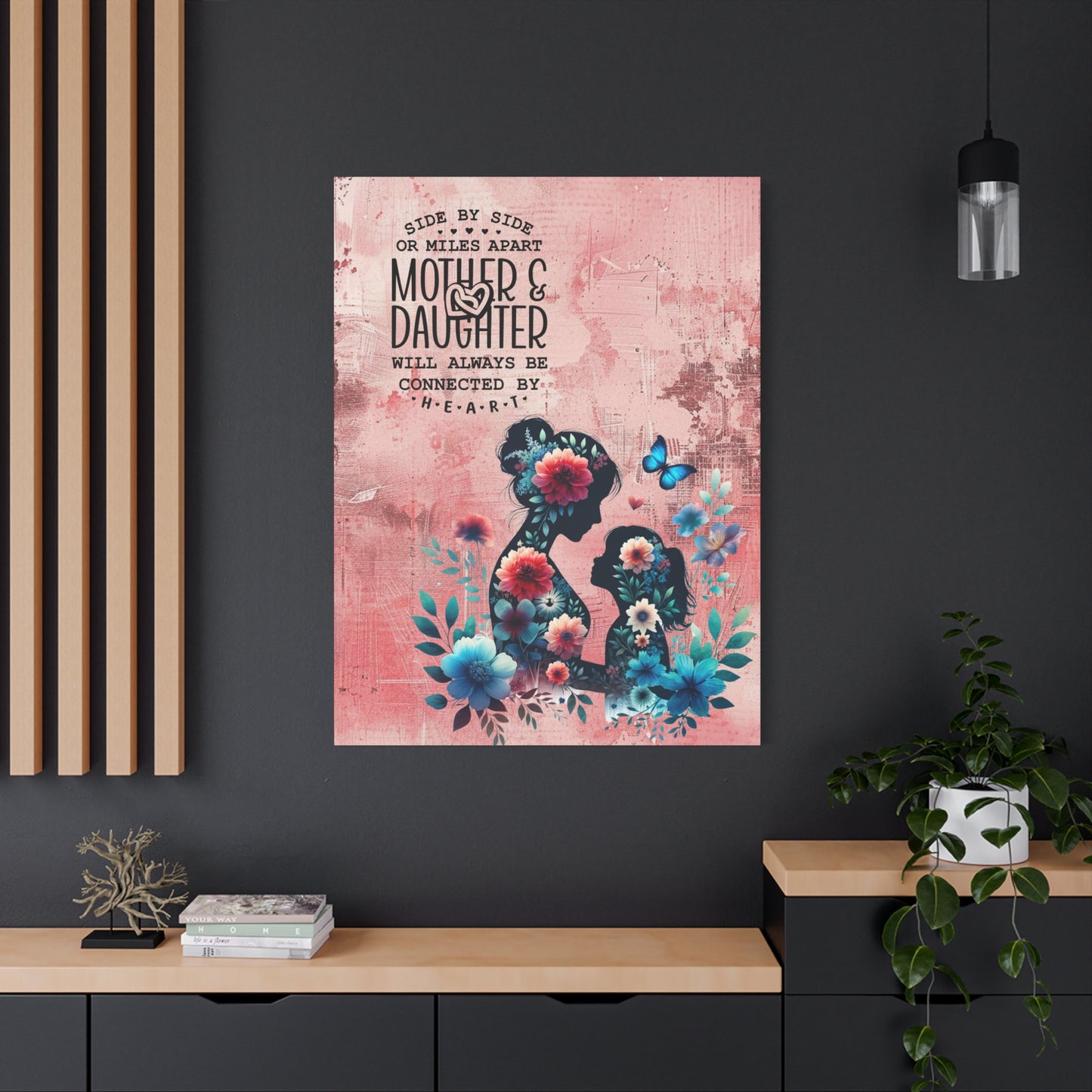 Mother-Daughter Love With Floral And Butterfly Canvas Wall Art Print