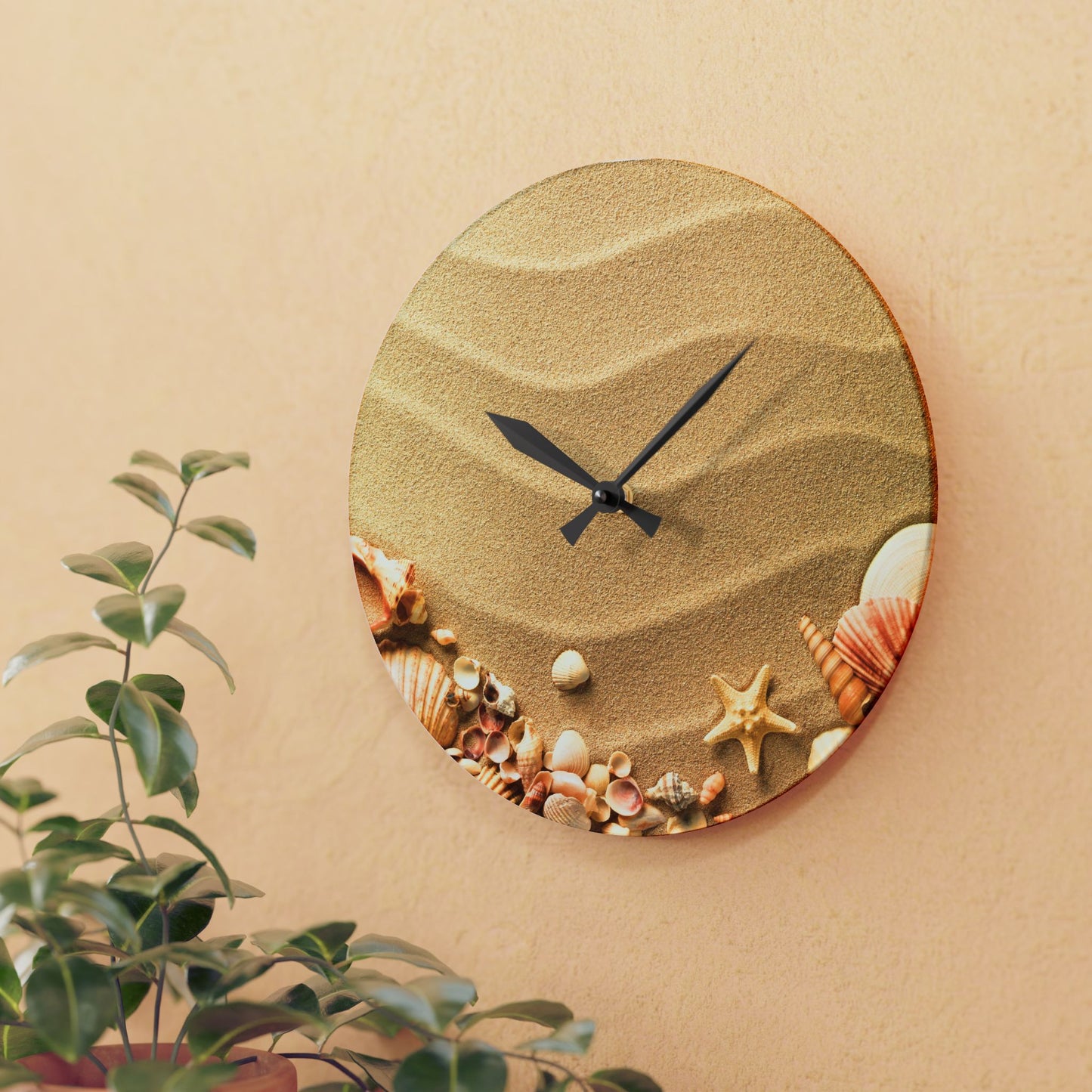 Sand With Sea Shells Acrylic Wall Clock, Beach Lovers, Great Gift Idea for Housewarming, or Any Occasion, Beautiful Wall Decor for Home or Office